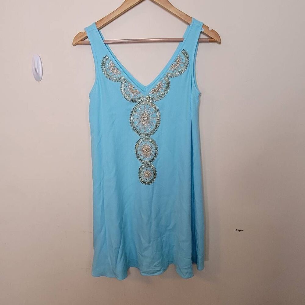 Lilly Pulitzer Fia Dresses Turquoise Beaded Swing Dress Sleeveless XXS